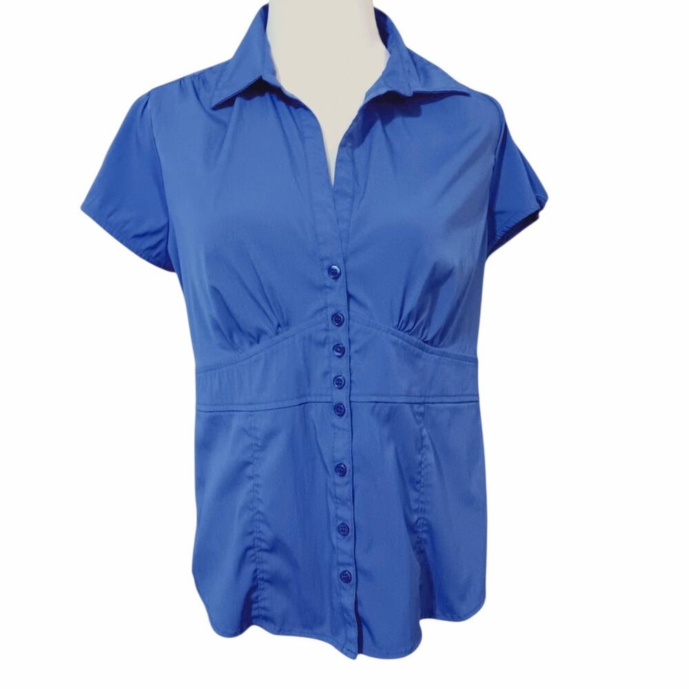 DRESSBARN Retro Gathered Blouse Top Medium Yoke‎ Royal Blue Feminine V-Neck